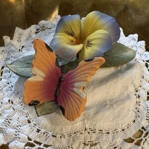 Capidomonte Pansy Blue Yellow Butterfly Flower Made In Italy Porcelain Vintage